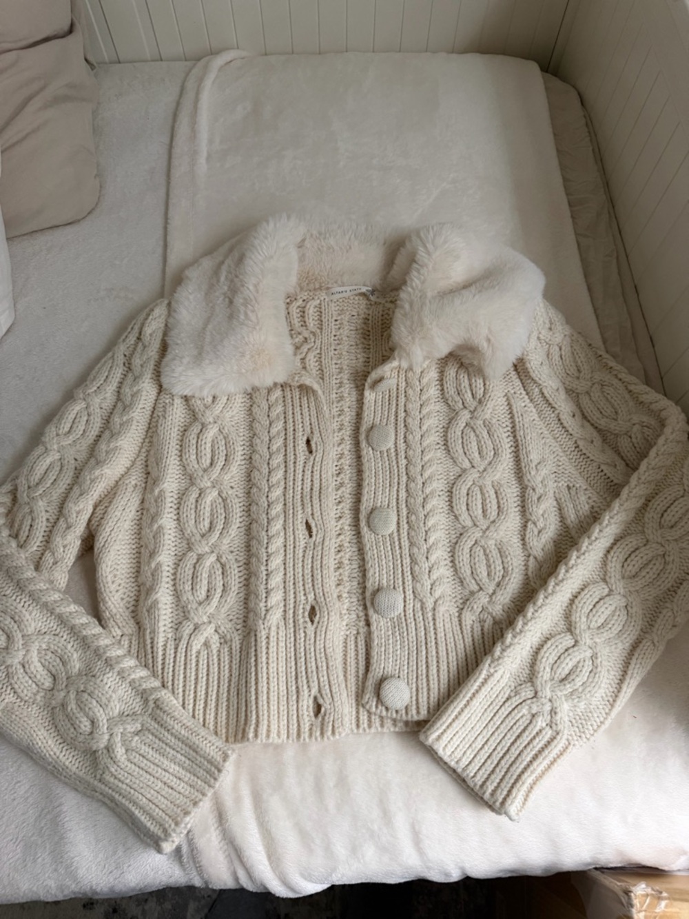 Altar’d State Cream Cable Knit Button-Up Cardigan with Faux Fur Collar